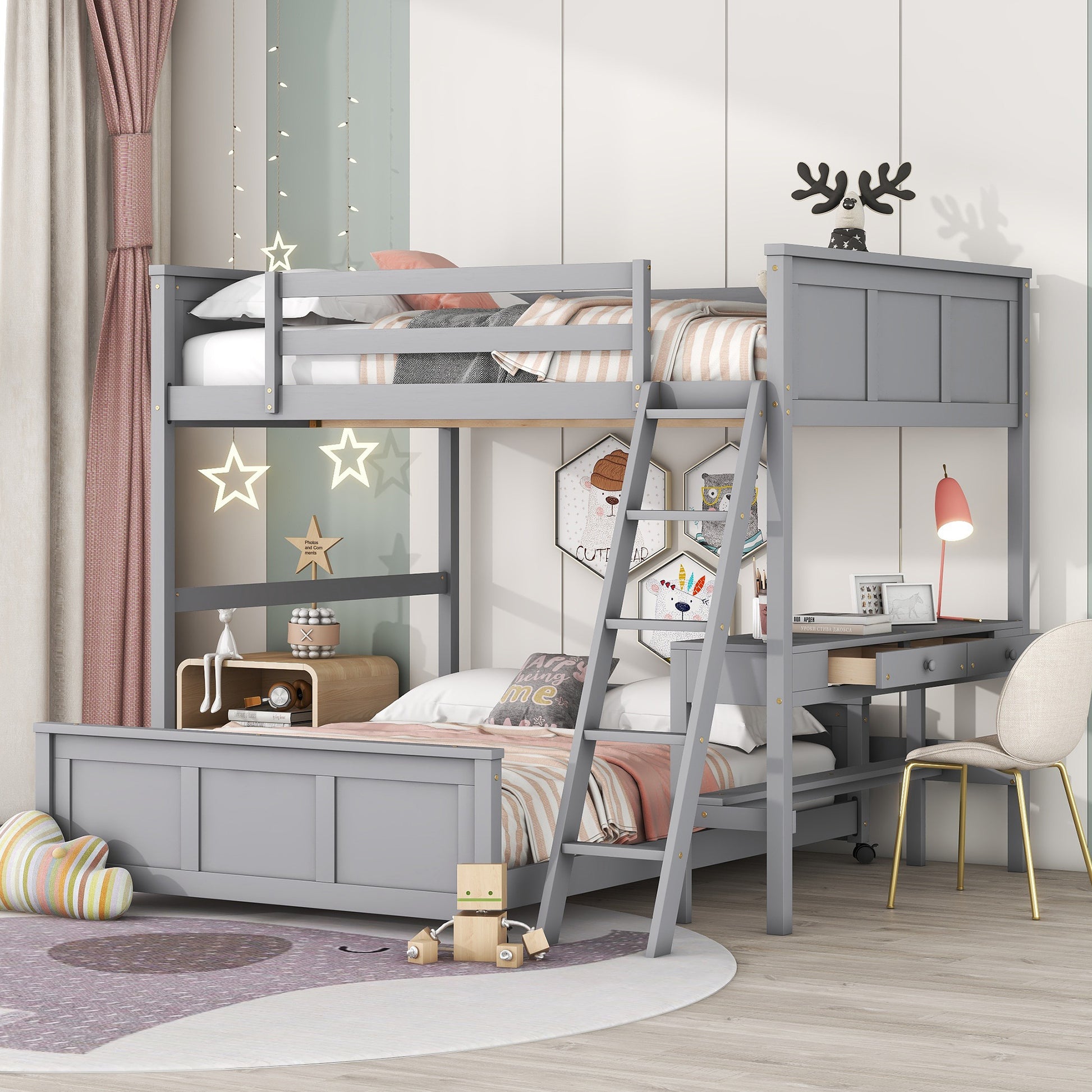 Full Over Full Bunk Bed With Desk, Gray Gray Solid Wood Mdf