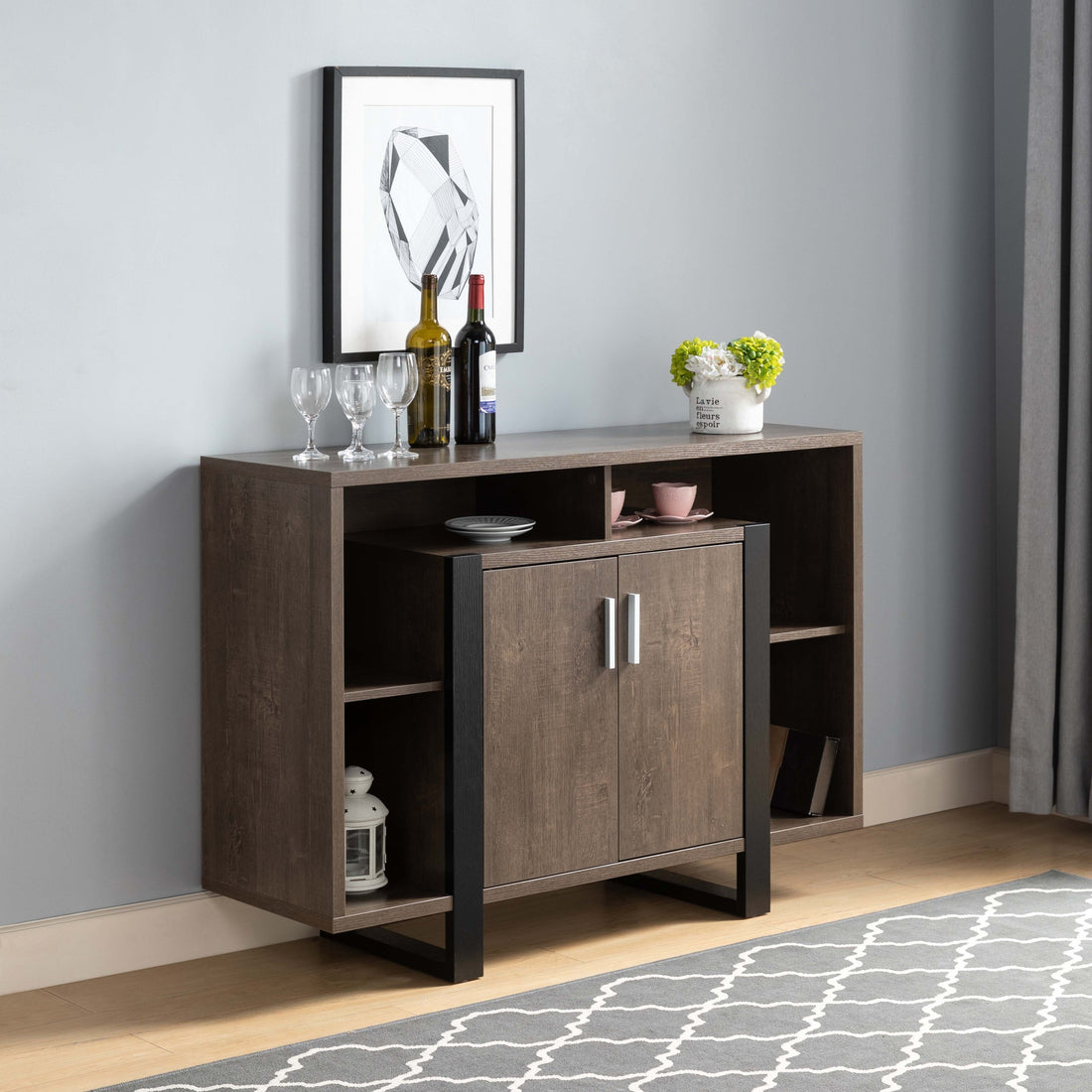 Wine Cabinet, Kitchen Bar Display Cabinet With 4 Shelves & Center Cabinet Walnut Oak & Black Walnut Particle Board