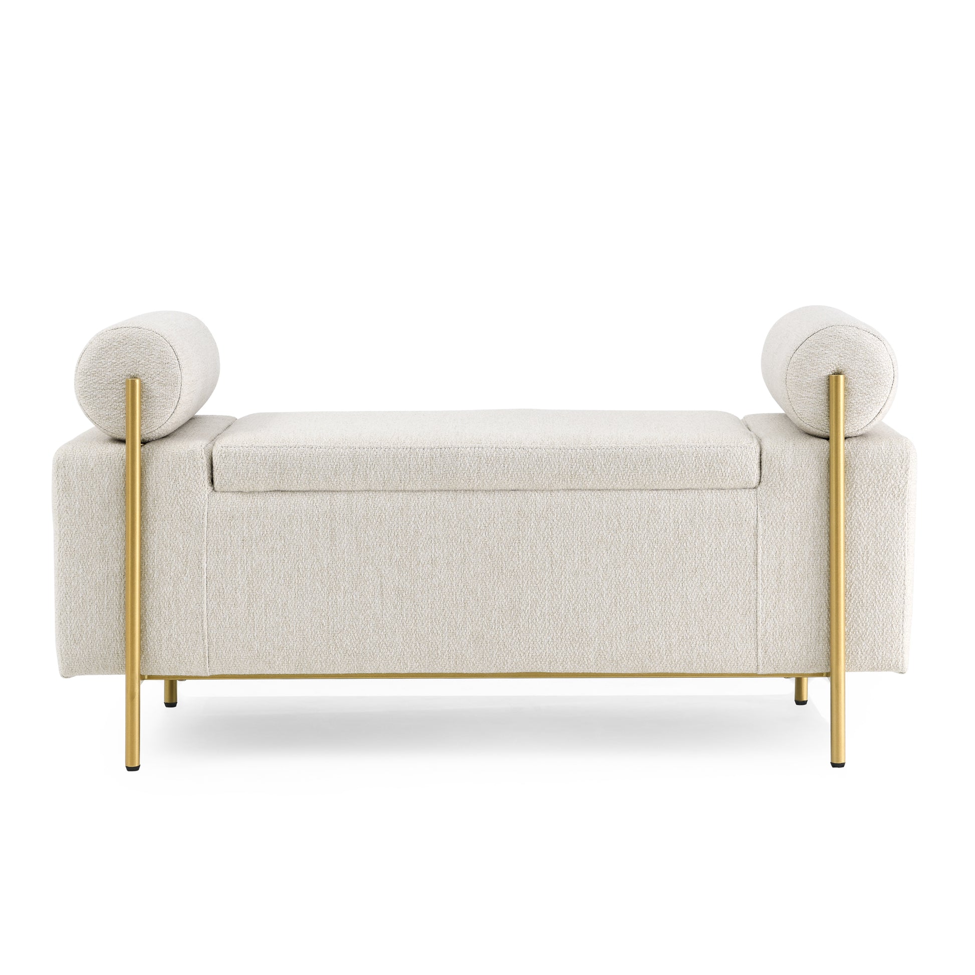 Elegant Upholstered Linen Storage Bench With Cylindrical Arms And Iron Legs For Hallway Living Room Bedroom, Beige Beige Foam