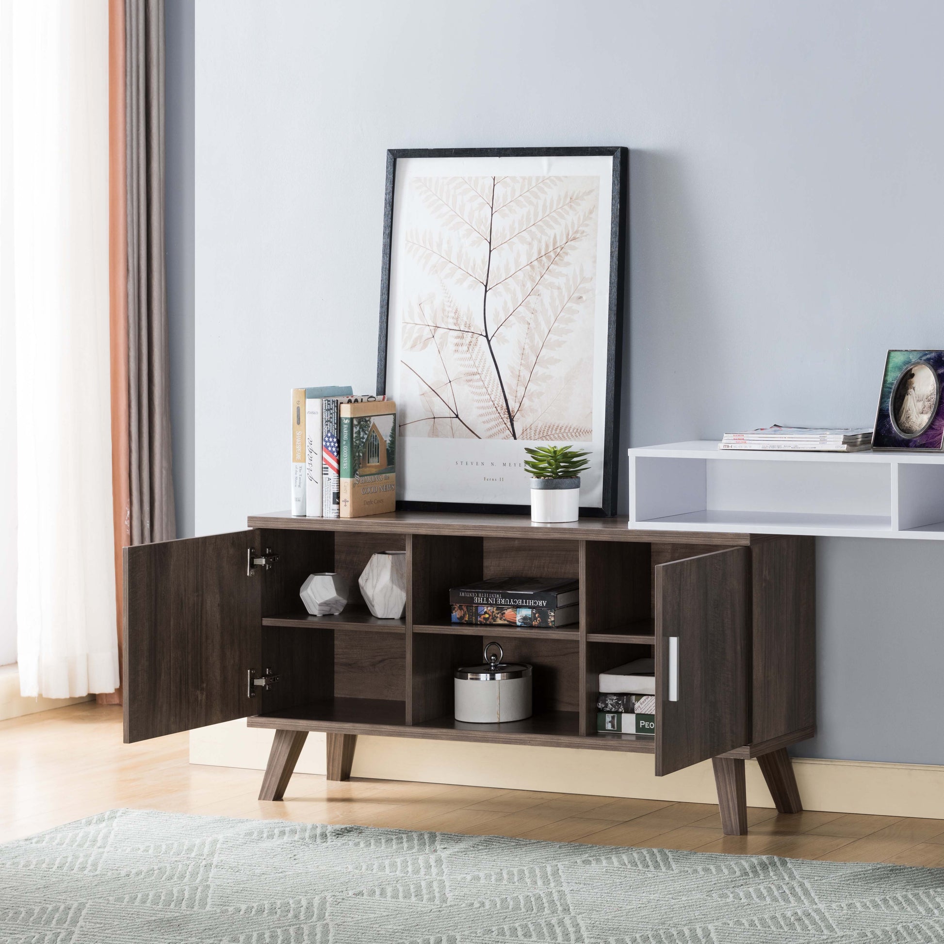 Home Entryway Console Table With Multi Storage Compartments, Display Cabinet, Hazelnut & White Caramel Particle Board