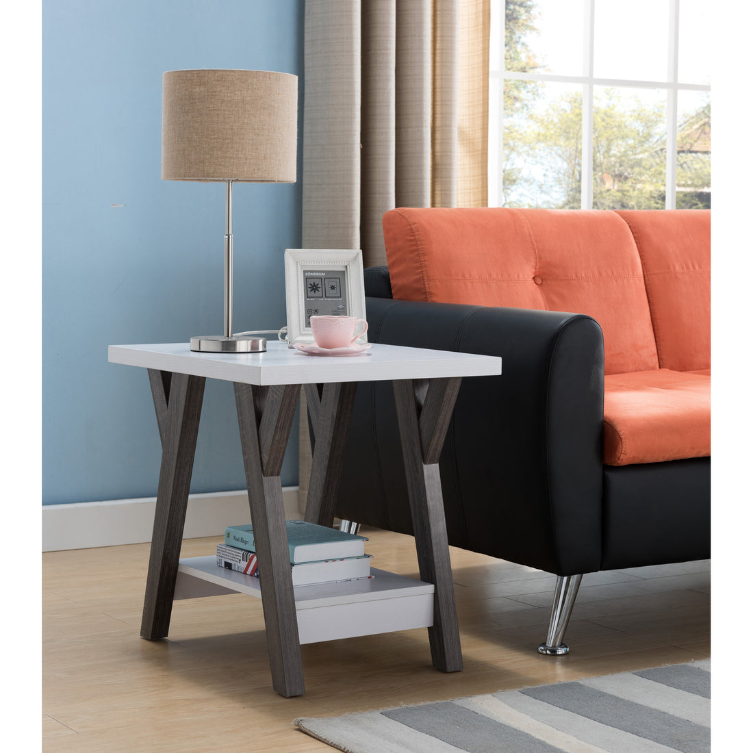 Modern White End Table, Chair Side End Table For Living Room With Shelf Display White Particle Board