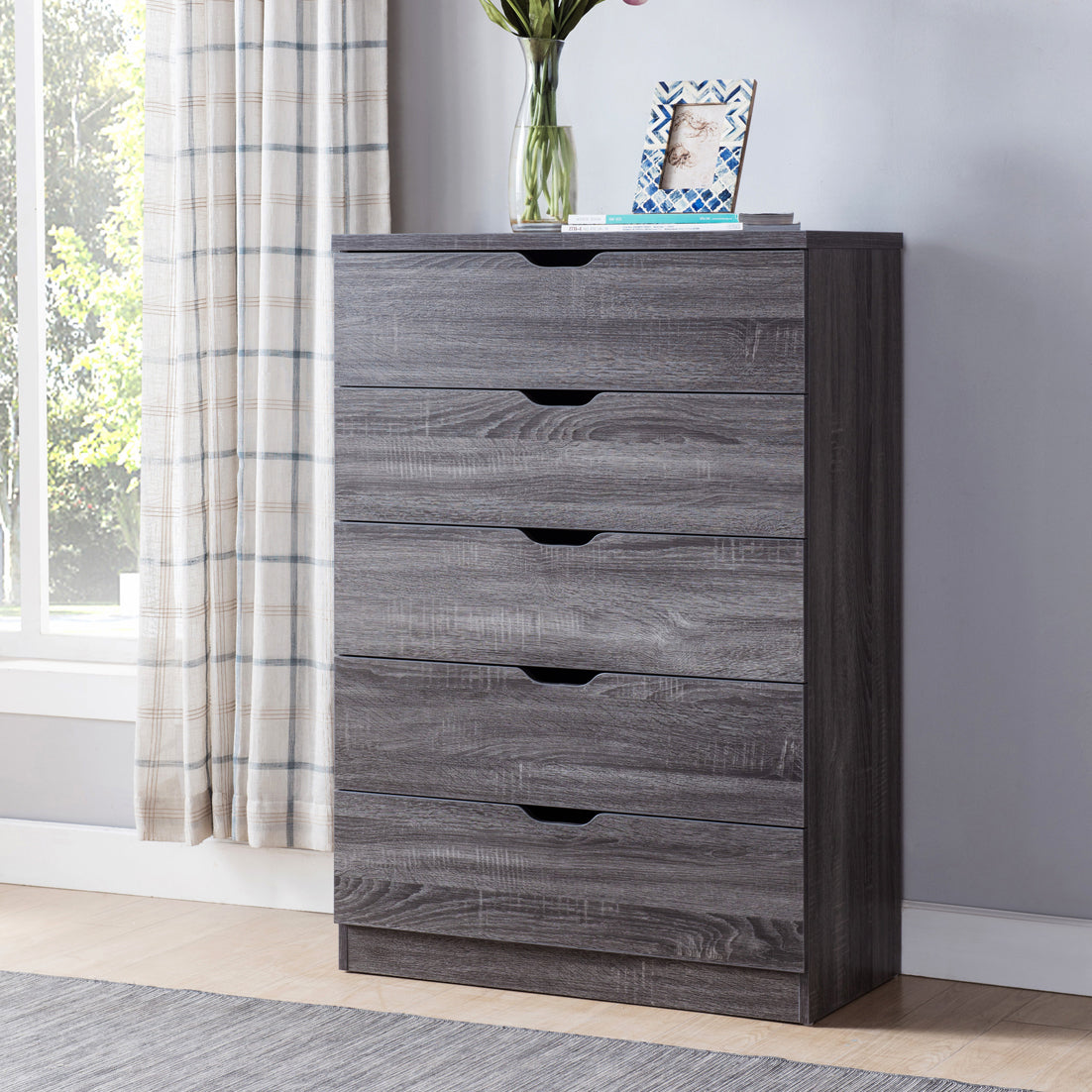 Modern Grey Five Drawer Clothes And Storage Chest Faux Wood Grain And Metal Drawer Glides Gray Particle Board Mdf