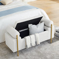 Elegant Upholstered Linen Storage Bench With Cylindrical Arms And Iron Legs For Hallway Living Room Bedroom, White White Linen Or Linen Blend Bedroom White Internal Storage Foam