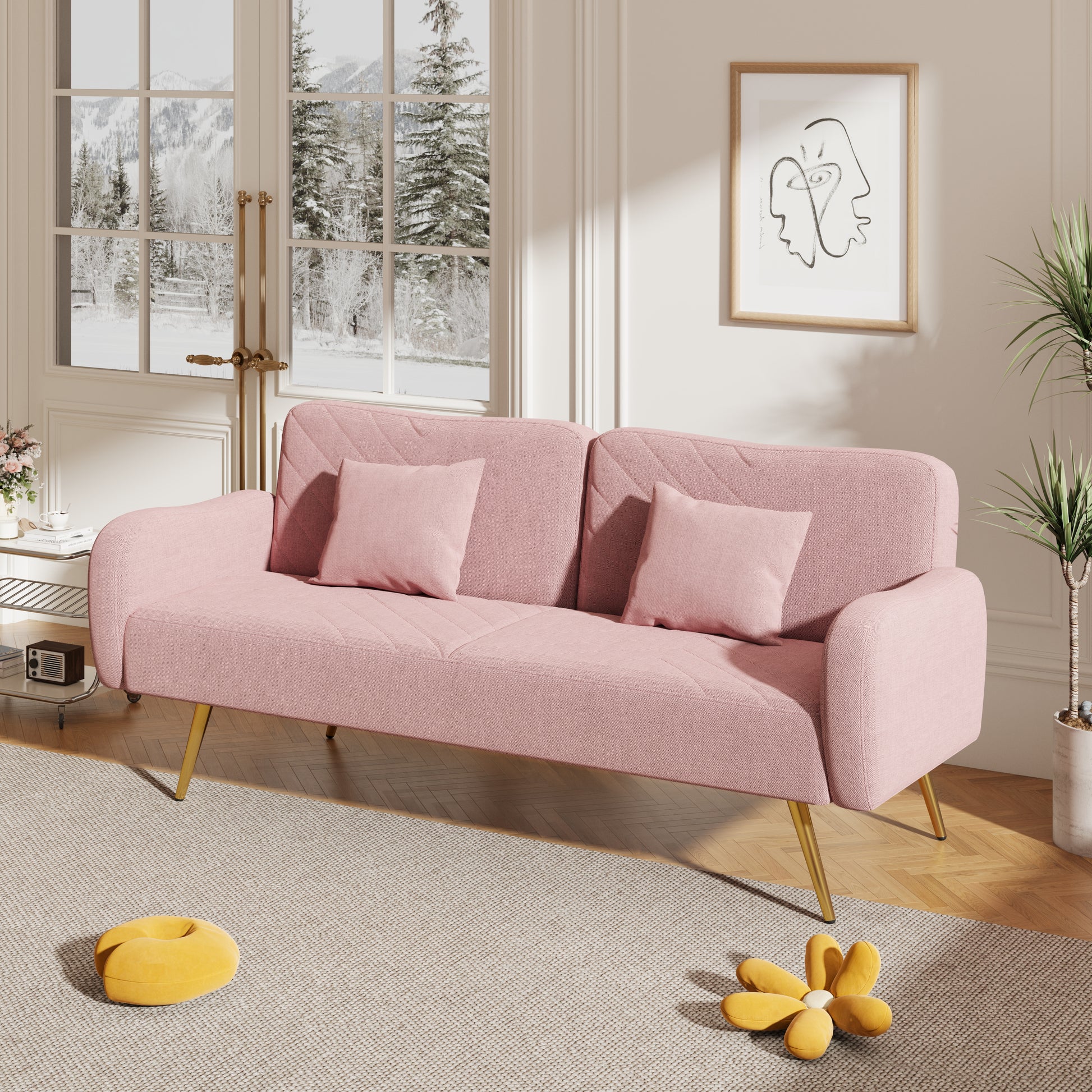 70.47" Pink Fabric Double Sofa With Split Backrest And Two Throw Pillows,Suitable For Living Room, Apartment, Home Office Pink Wood Primary Living Space Eucalyptus Square Arms Foam Fabric 2 Seat