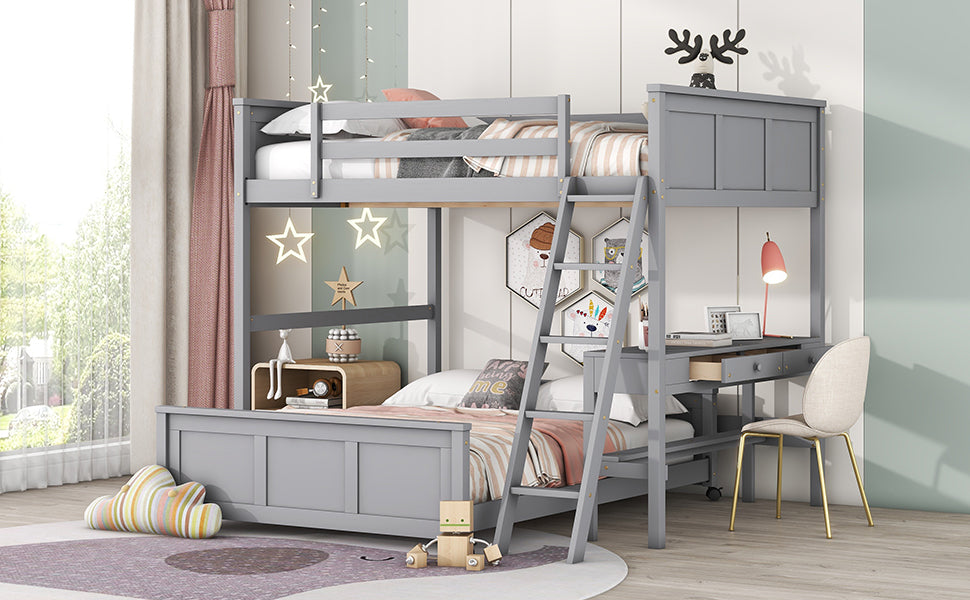 Full Over Full Bunk Bed With Desk, Gray Gray Solid Wood Mdf