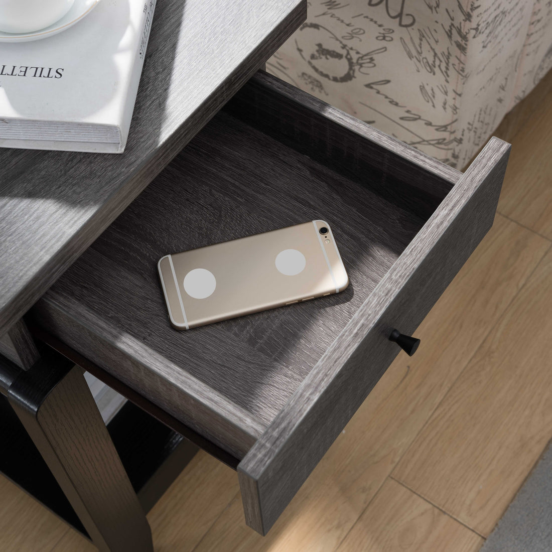 Sofa Side Table, Home Contemporary Table With Drawer And Bottom Shelf In Distressed Grey & Black Grey Particle Board