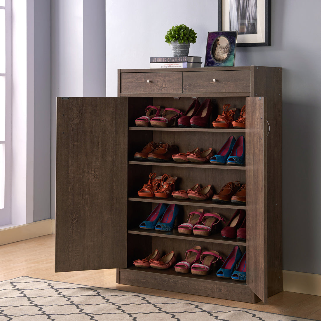 Two Door Shoe Storage Cabinet With Two Top Drawers, Five Shelves Fits 15 Pairs In Walnut Oak Walnut Particle Board