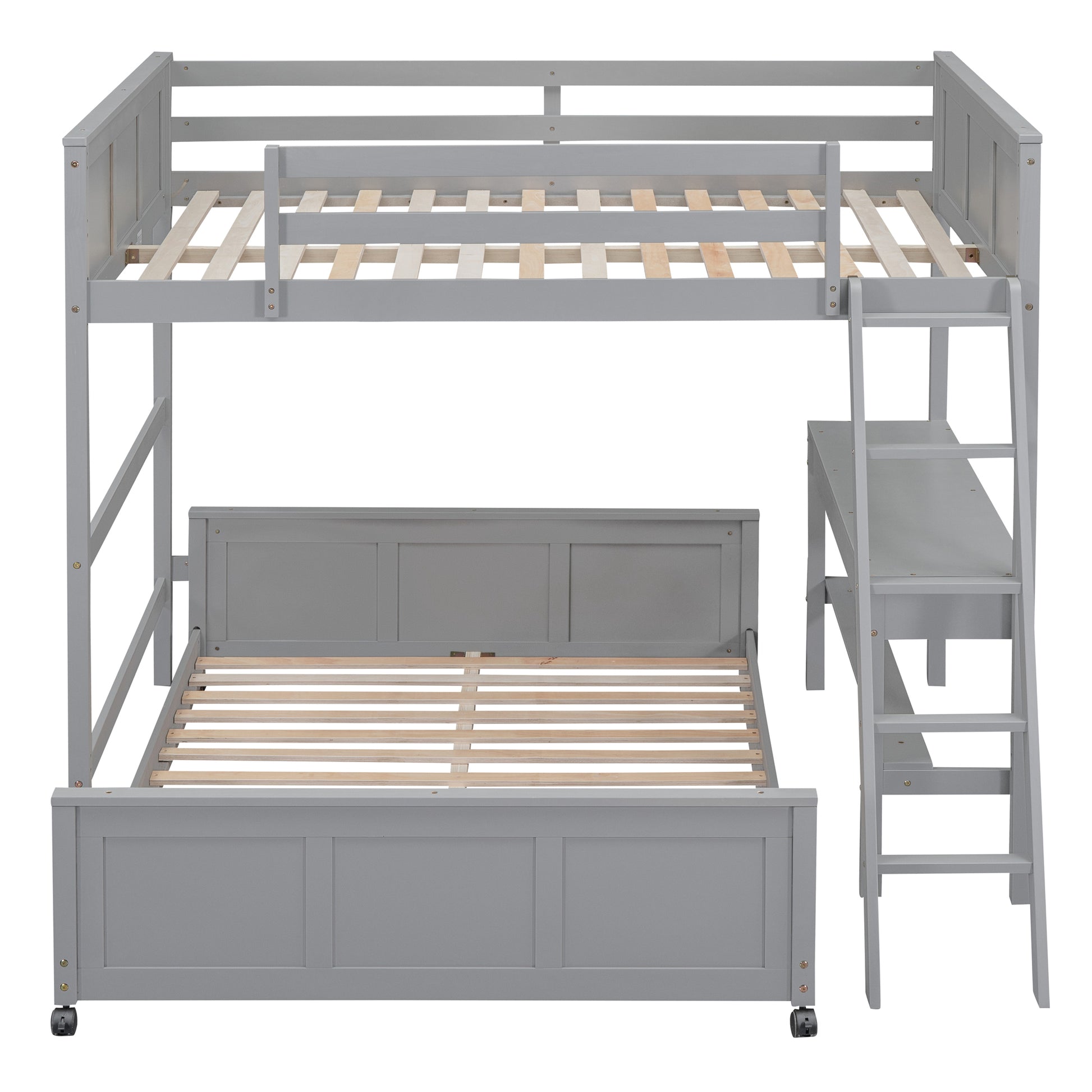 Full Over Full Bunk Bed With Desk, Gray Gray Solid Wood Mdf