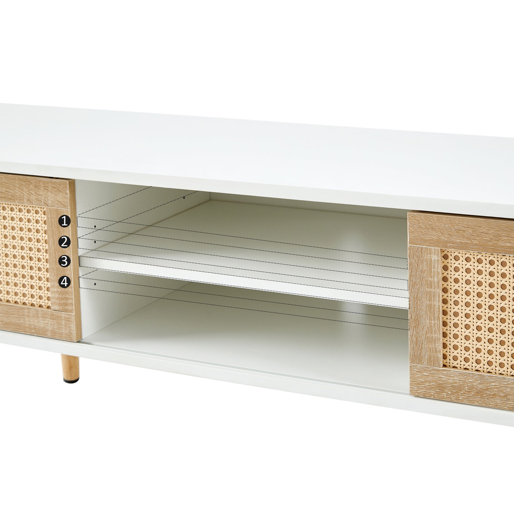 55.12" Rattan Tv Cabinet, Double Sliding Doors For Storage, Adjustable Shelf, Solid Wood Legs, Tv Console For Living Roomwhite White Solid Wood Mdf