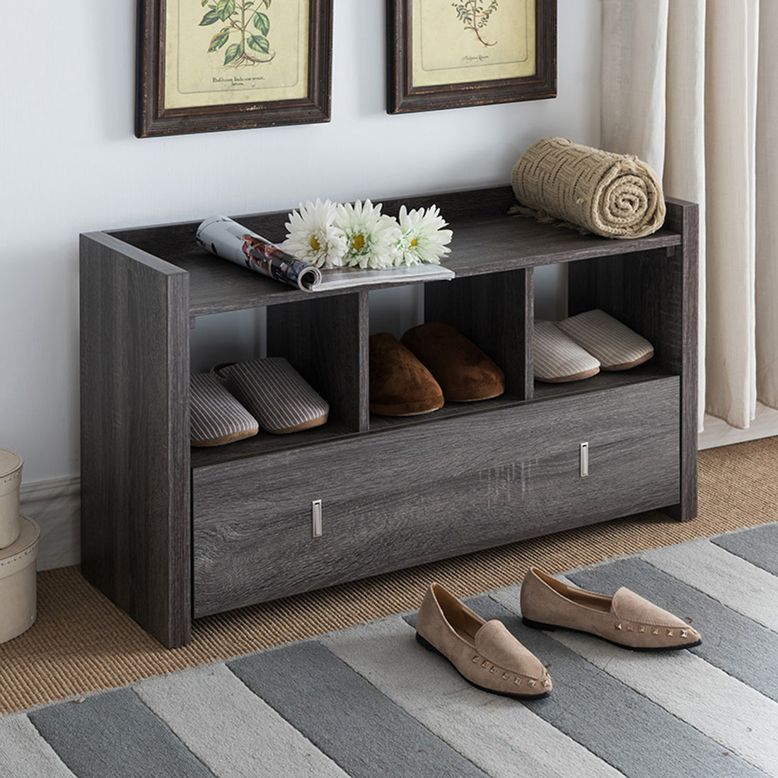 Shoe Entry Bench With Three Shelves, One Drawer With Divided Compartment Distressed Grey Grey Particle Board