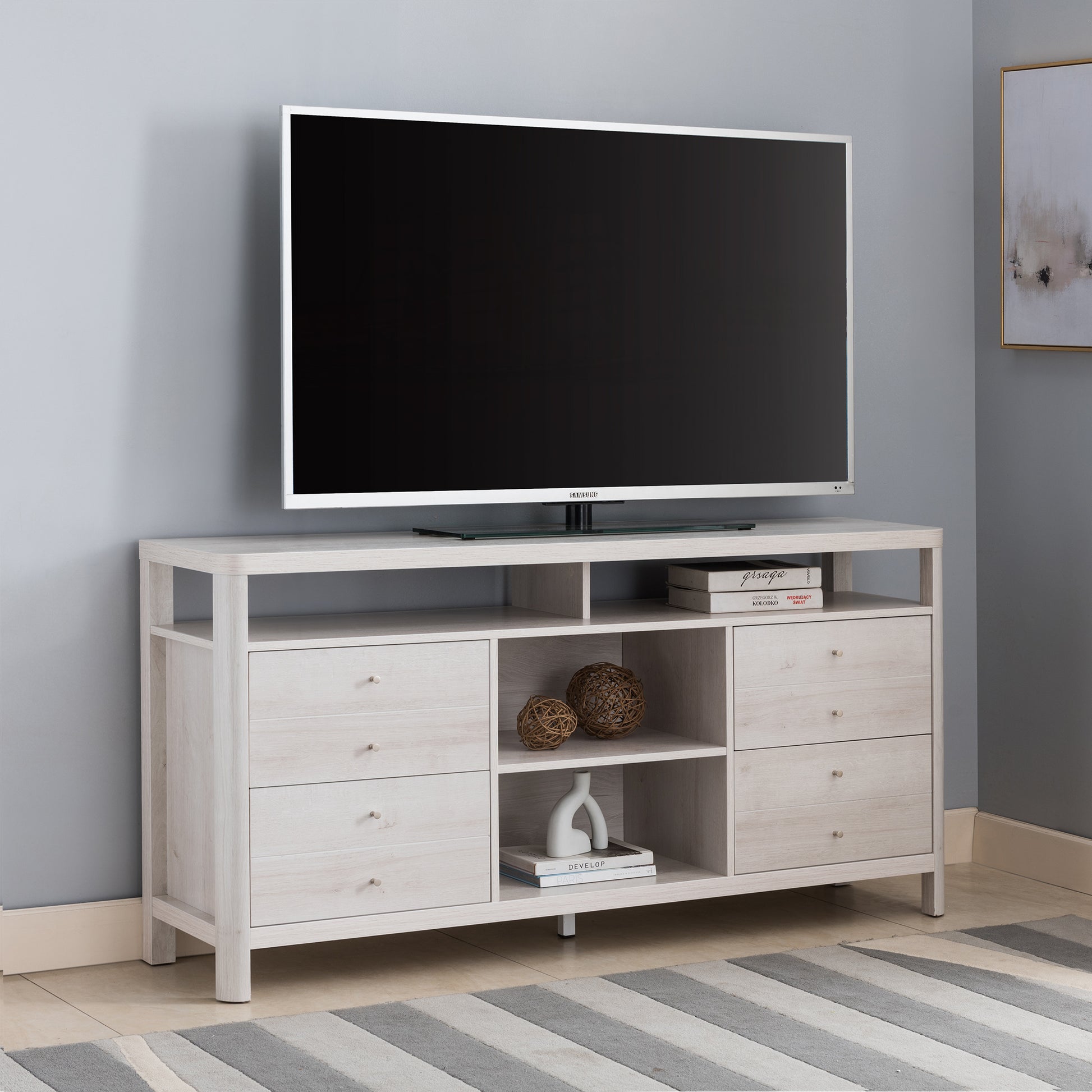 Tv Stand, Livingroom 60" Tv Console Table With 4 Drawers, 2 Shelves White Oak White Oak 50 59 Inches Particle Board