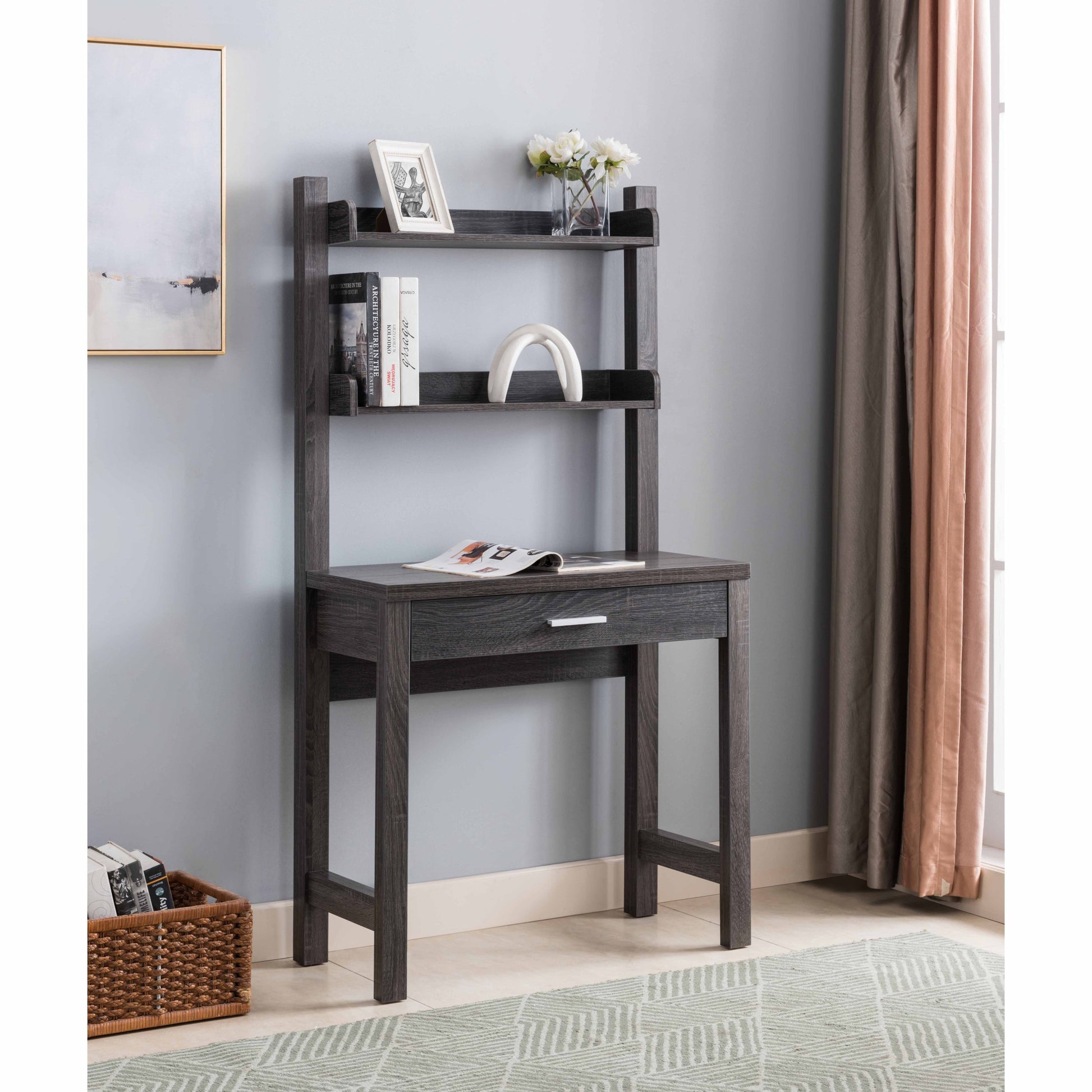 Home Office Laptop Desk With Drawer And Two Display Shelves, Distressed Grey Grey Particle Board