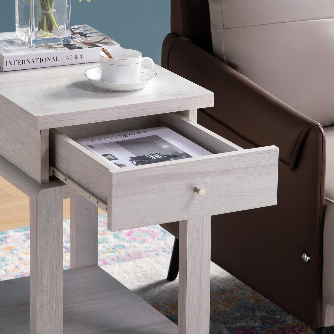 Chair Side End Table With One Drawer And Bottom Shelf, Accent Table White Oak White Oak Particle Board