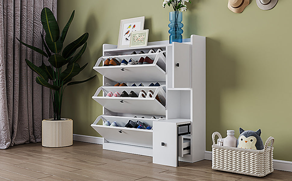 Versatile Shoe Cabinet With 3 Flip Drawers, Maximum Storage Entryway Organizer With Drawer, Free Standing Shoe Rack With Pull Down Seat For Hallway, White Freestanding 3 4 Drawers White Primary Living Space Adjustable Shelves Particle Board