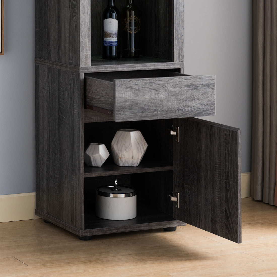 Modern Wine Showcasing Cabinet With Two Glass Shelves And Storage Cabinet In Distressed Grey Grey Particle Board