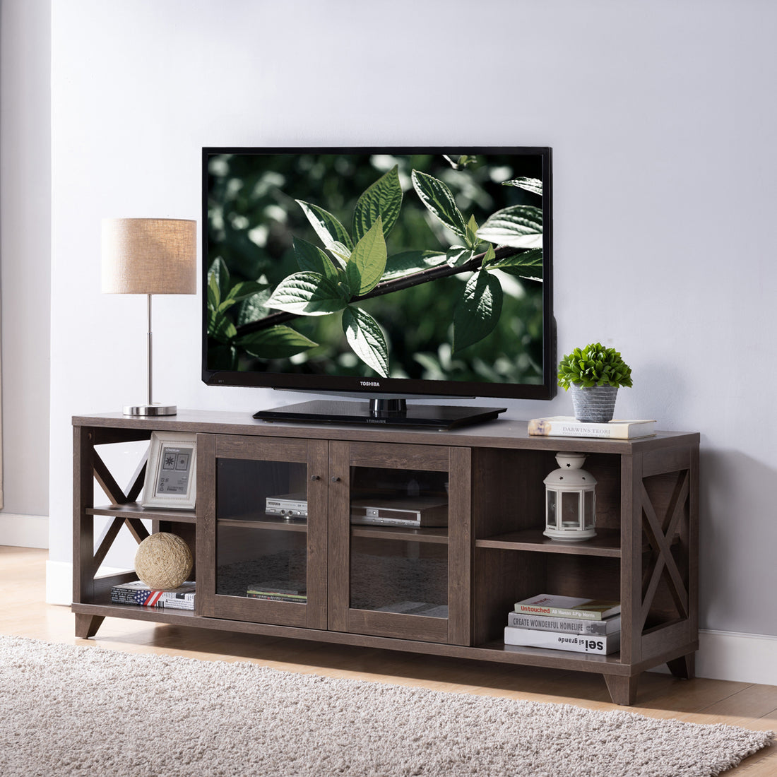 Home 60" Tv Stand With Four Side Shelves And Transparent Center Storage Cabinet In Walnut Oak Walnut 50 59 Inches Particle Board