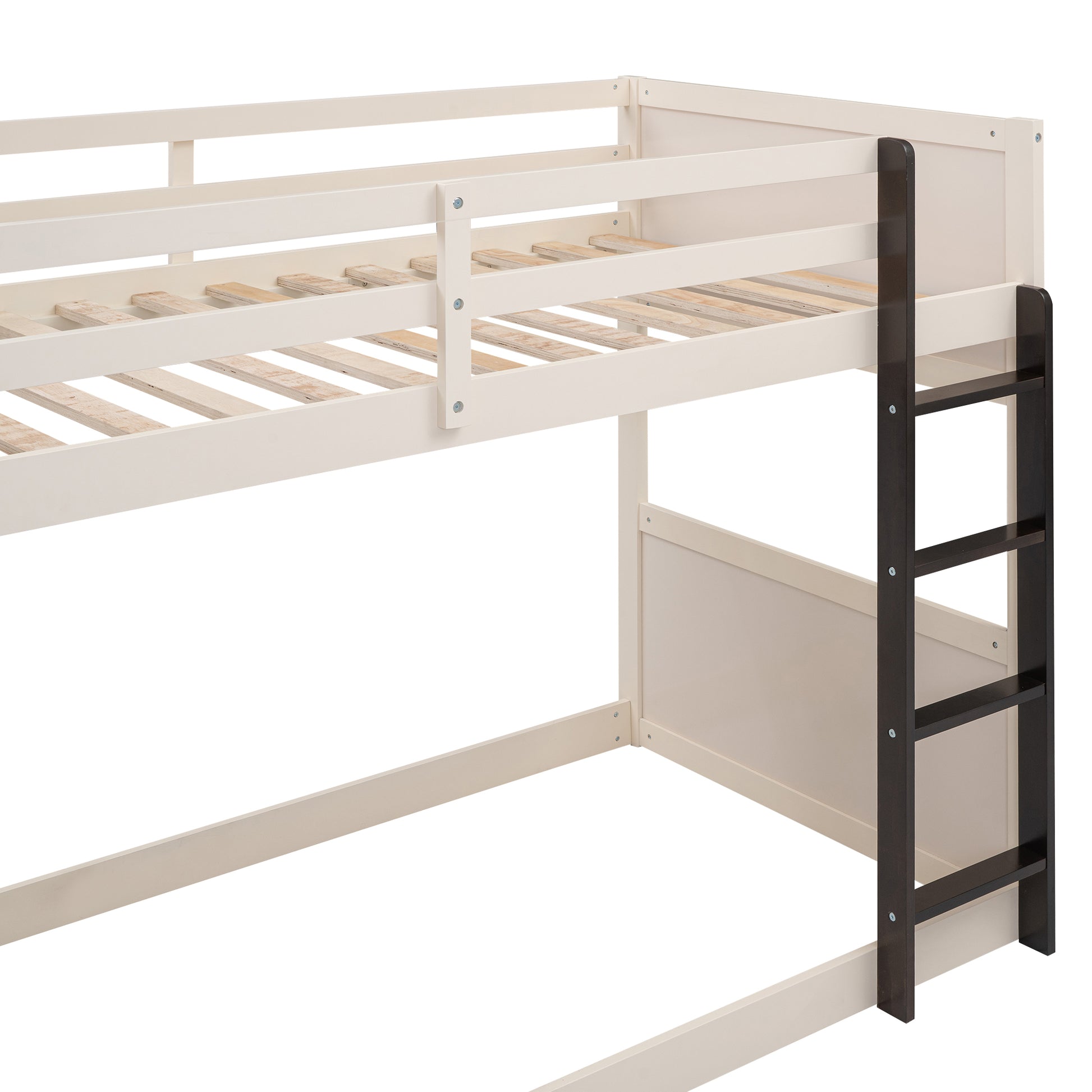 Twin Over Twin Boat Like Shape Bunk Bed With Storage Shelves, Cream Espresso Box Spring Not Required Twin Espresso Wood Bedroom Bunk Solid Wood Mdf