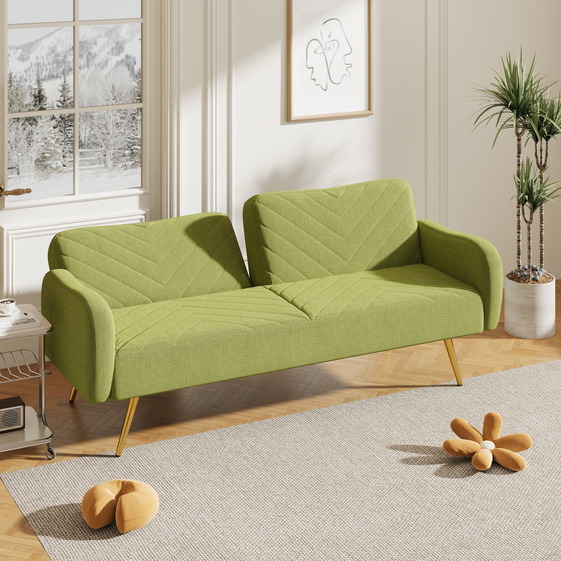 70.47" Green Fabric Double Sofa With Split Backrest And Two Throw Pillows,Suitable For Living Room, Apartment, Home Office Green Wood Primary Living Space Eucalyptus Square Arms Foam Fabric 2 Seat