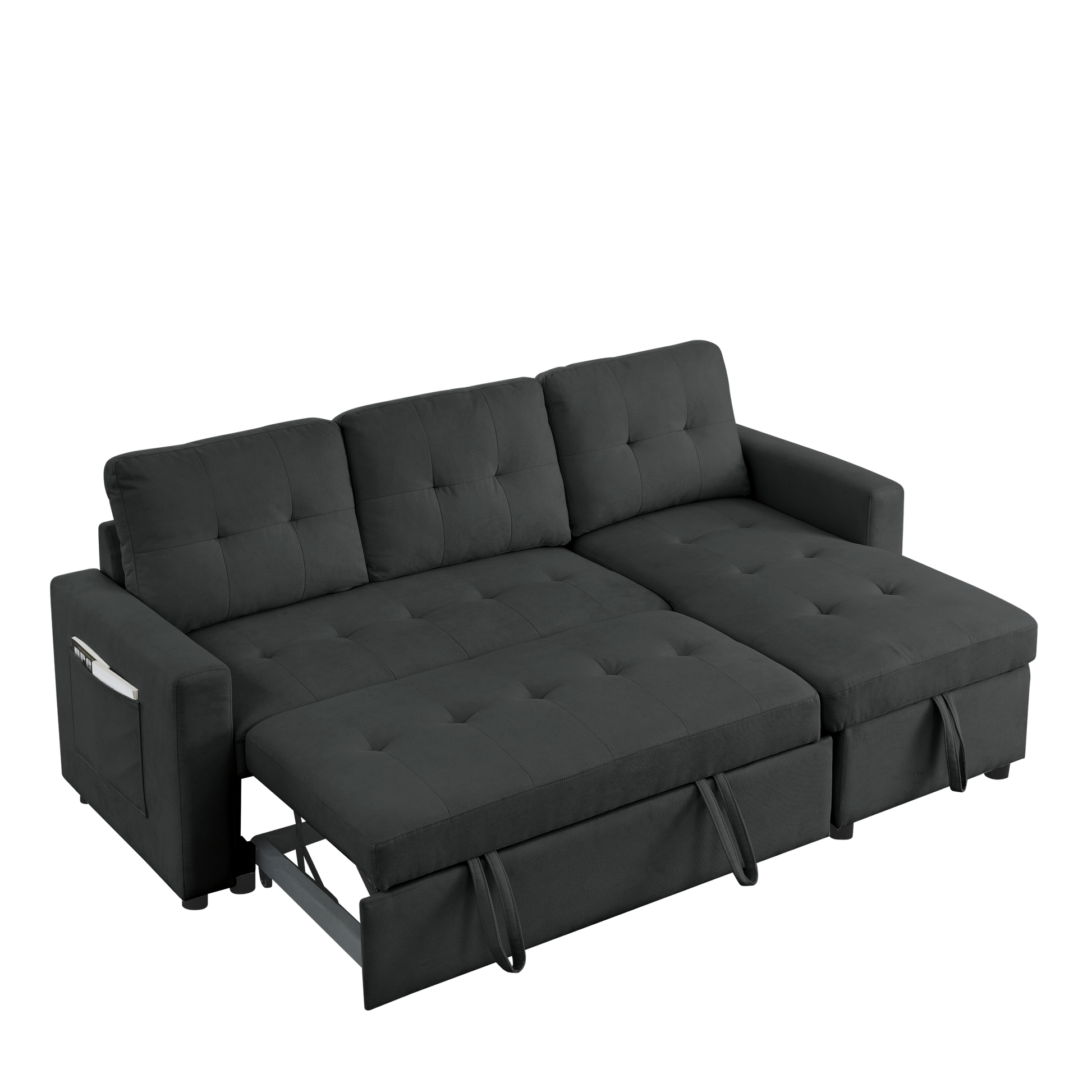 Mh 78.5" Sleeper Sofa Bed Reversible Sectional Couch With Storage Chaise And Side Storage Bag For Small Space Living Room Furniture Set Black Primary Living Space Eucalyptus Polyester Fabric