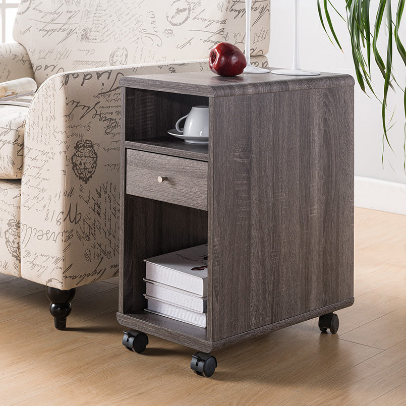 Mobile Chairside Table, Livingroom, Work Office Cabinet With Drawer& Shelves Distressed Grey Grey Particle Board