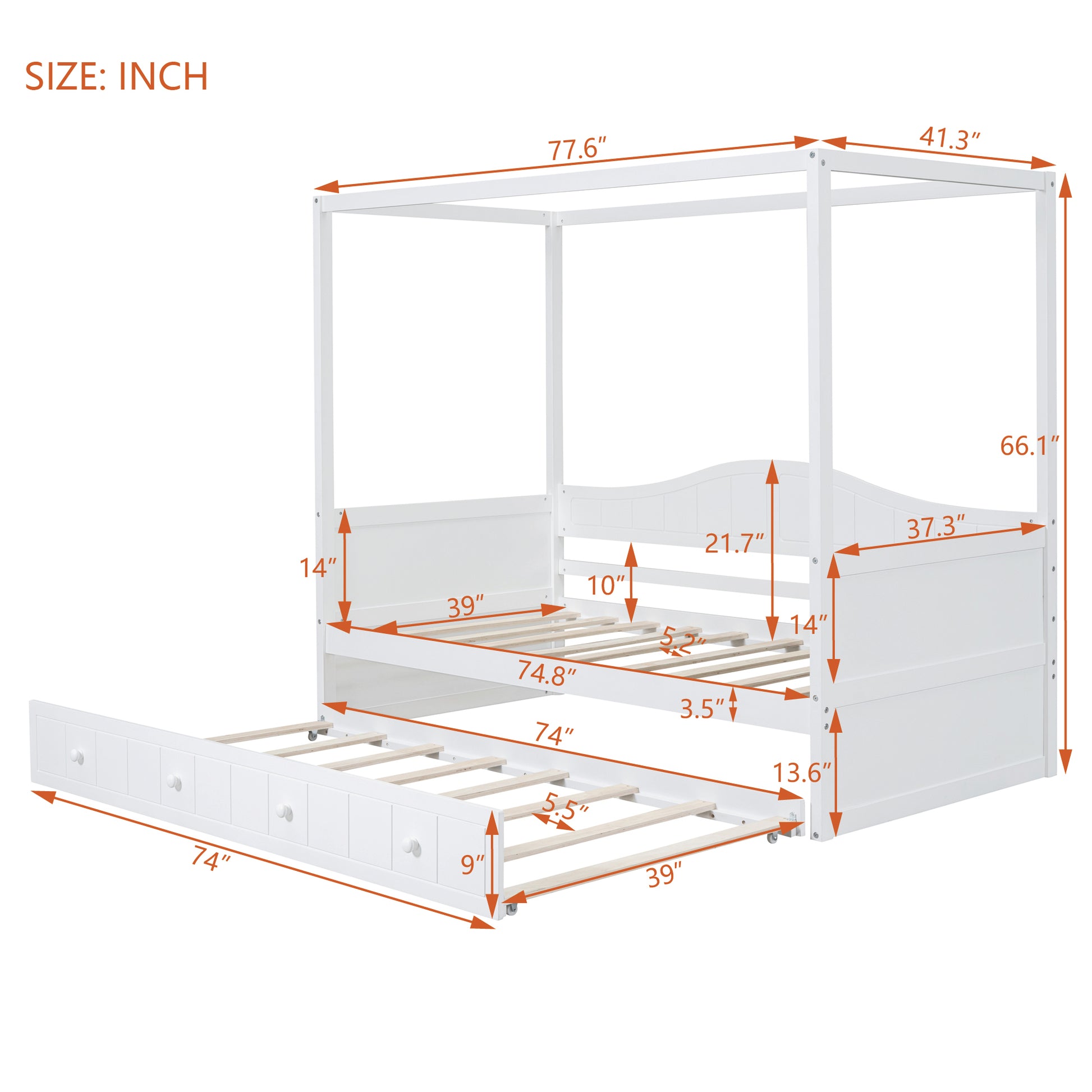 Twin Size Canopy Day Bed With Twin Size Trundle, White White Solid Wood Mdf