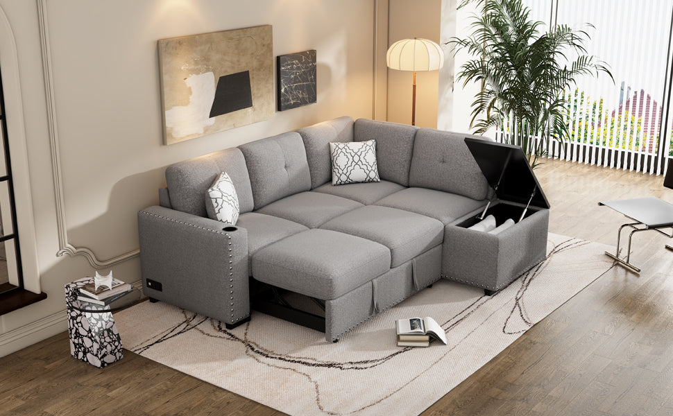 83.8" Sectional Pull Out Sofa Bed L Shaped Corner Sofa Couch With Storage Chaise, Usb Ports, Power Sockets, Cup Holder For Living Room, Bedroom, Study, Light Gray Light Grey Foam Chenille