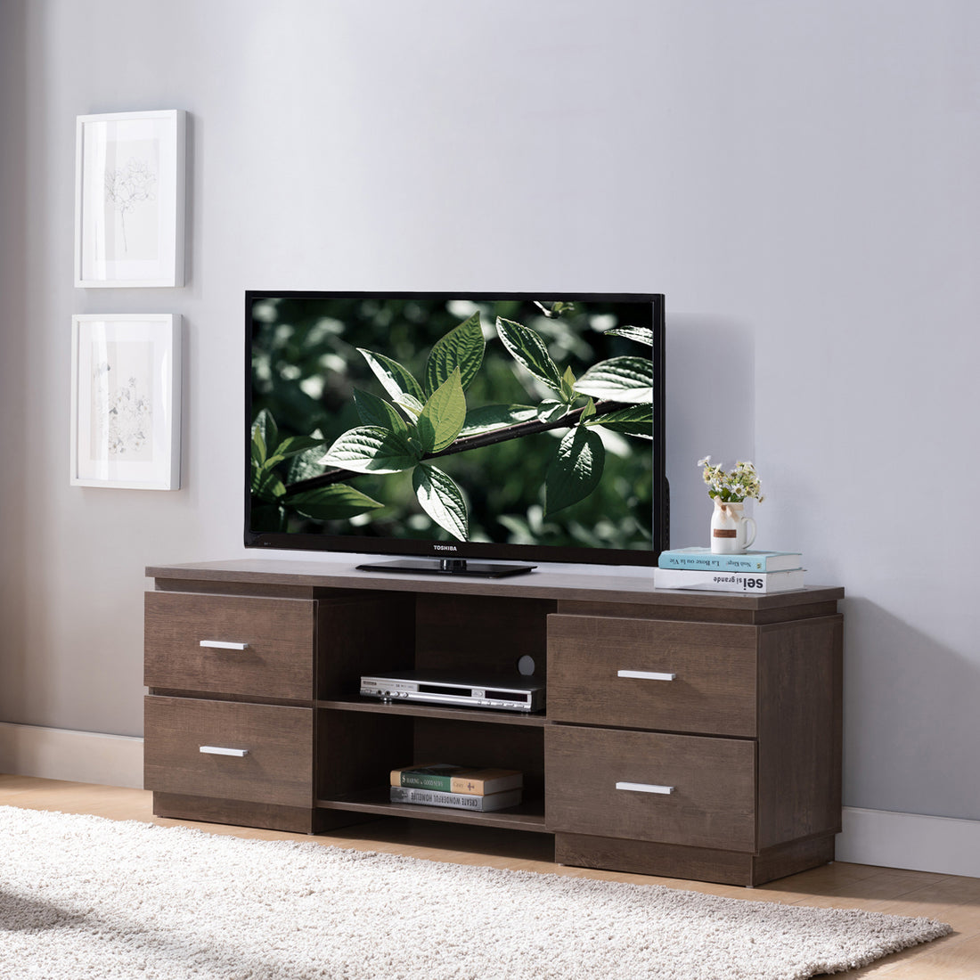 Home Entertainment Console, 60" Tv Stand With 4 Drawers, 2 Shelves Walnut Oak Espresso 60 69 Inches Particle Board