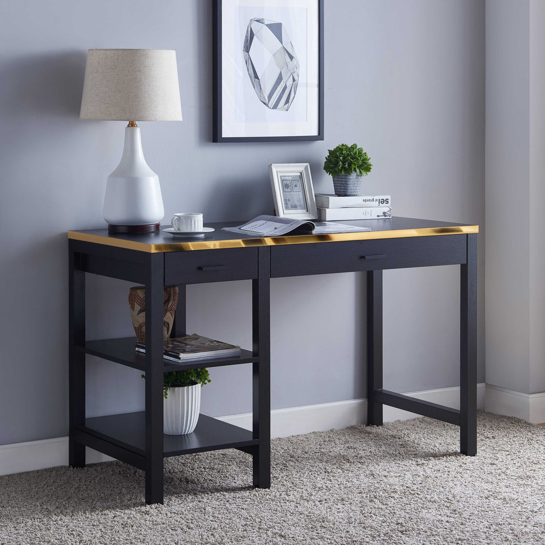 Elegant Black & Gold Office Desk With Two Drawer, Two Bottom Storage Shelves Black Particle Board