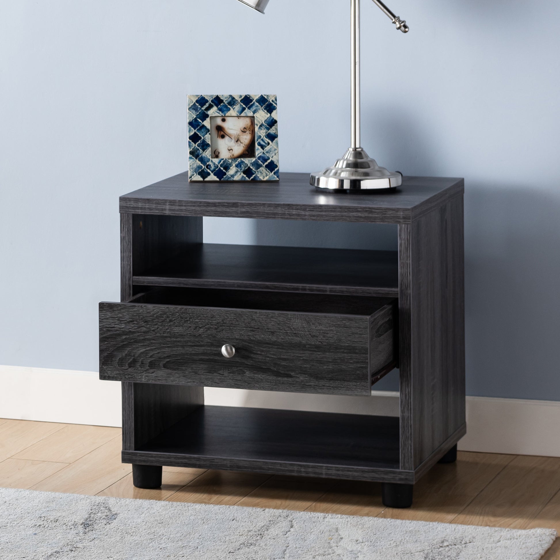 20 Inch End Table, Entryway Display Storage Cabinet With One Drawer, Distressed Grey & Black Grey Particle Board