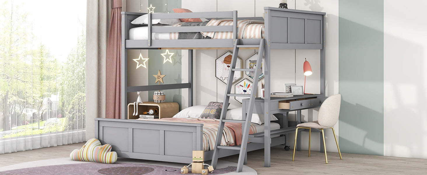 Full Over Full Bunk Bed With Desk, Gray Gray Solid Wood Mdf