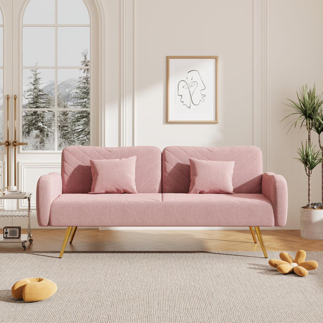 70.47" Pink Fabric Double Sofa With Split Backrest And Two Throw Pillows,Suitable For Living Room, Apartment, Home Office Pink Wood Primary Living Space Eucalyptus Square Arms Foam Fabric 2 Seat