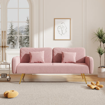 70.47" Pink Fabric Double Sofa With Split Backrest And Two Throw Pillows,Suitable For Living Room, Apartment, Home Office Pink Wood Primary Living Space Eucalyptus Square Arms Foam Fabric 2 Seat