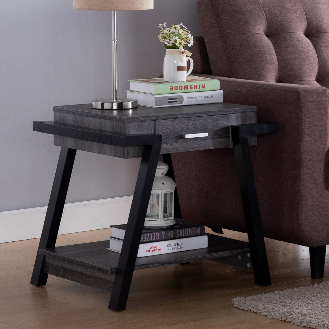 Home End Table With Drawer, Side Table With Storage Shelf In Distressed Grey & Black Grey Particle Board