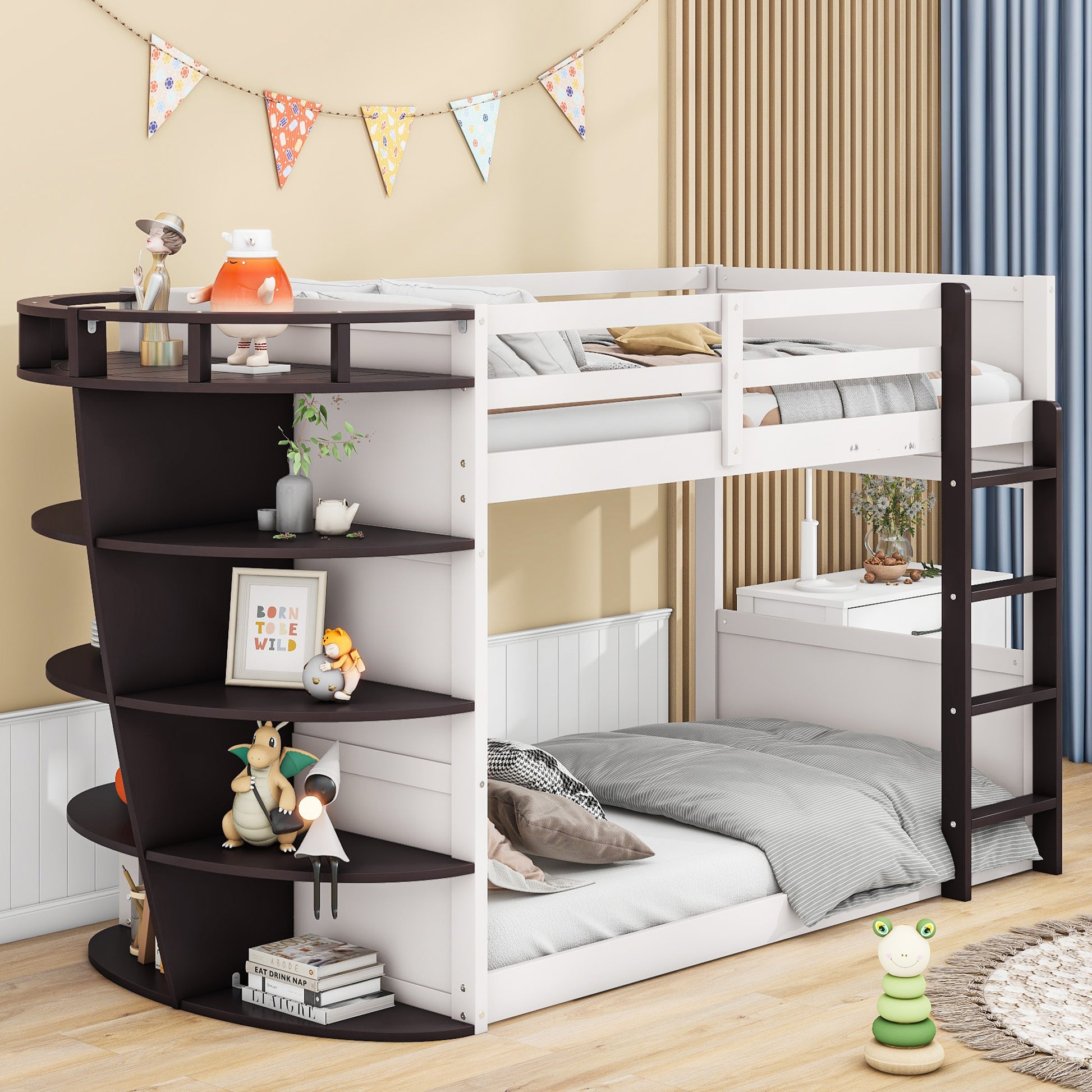 Twin Over Twin Boat Like Shape Bunk Bed With Storage Shelves, Cream Espresso Box Spring Not Required Twin Espresso Wood Bedroom Bunk Solid Wood Mdf