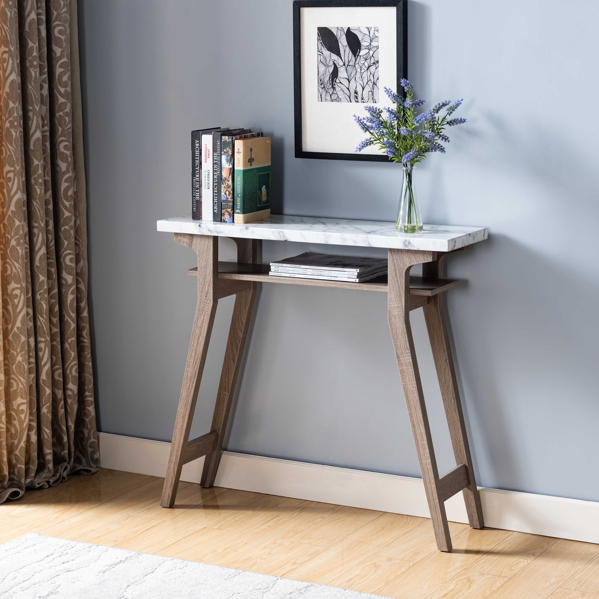 Faux Marble Top Console Table, Home Entryway Table With Shelve In Faux Marble White & Dark Taupe Taupe Particle Board