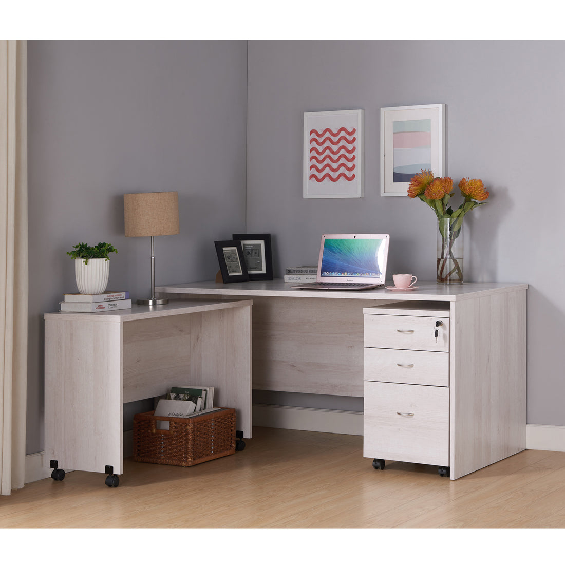 Mid Century Mobile Desk, White Oak White Oak Particle Board