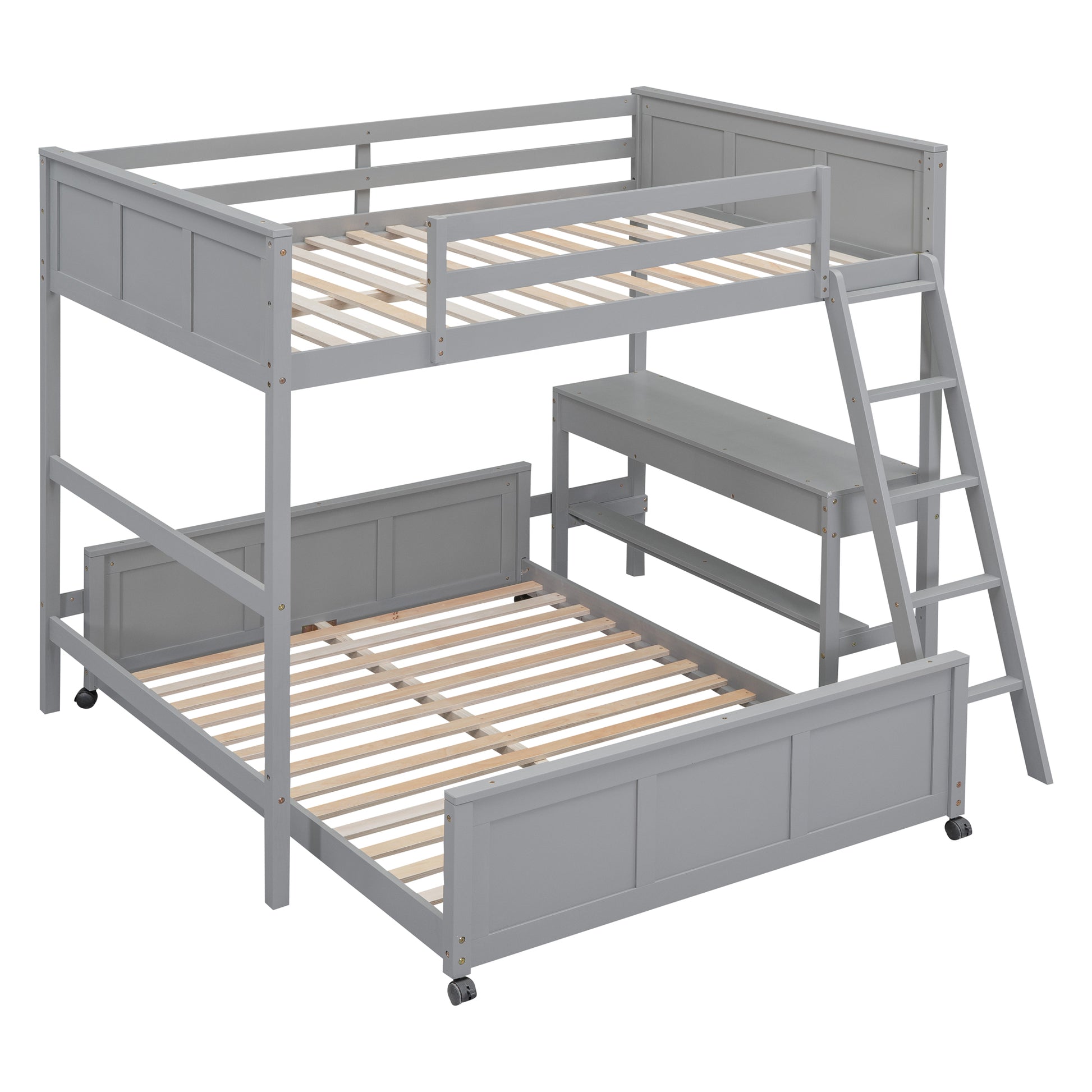 Full Over Full Bunk Bed With Desk, Gray Gray Solid Wood Mdf