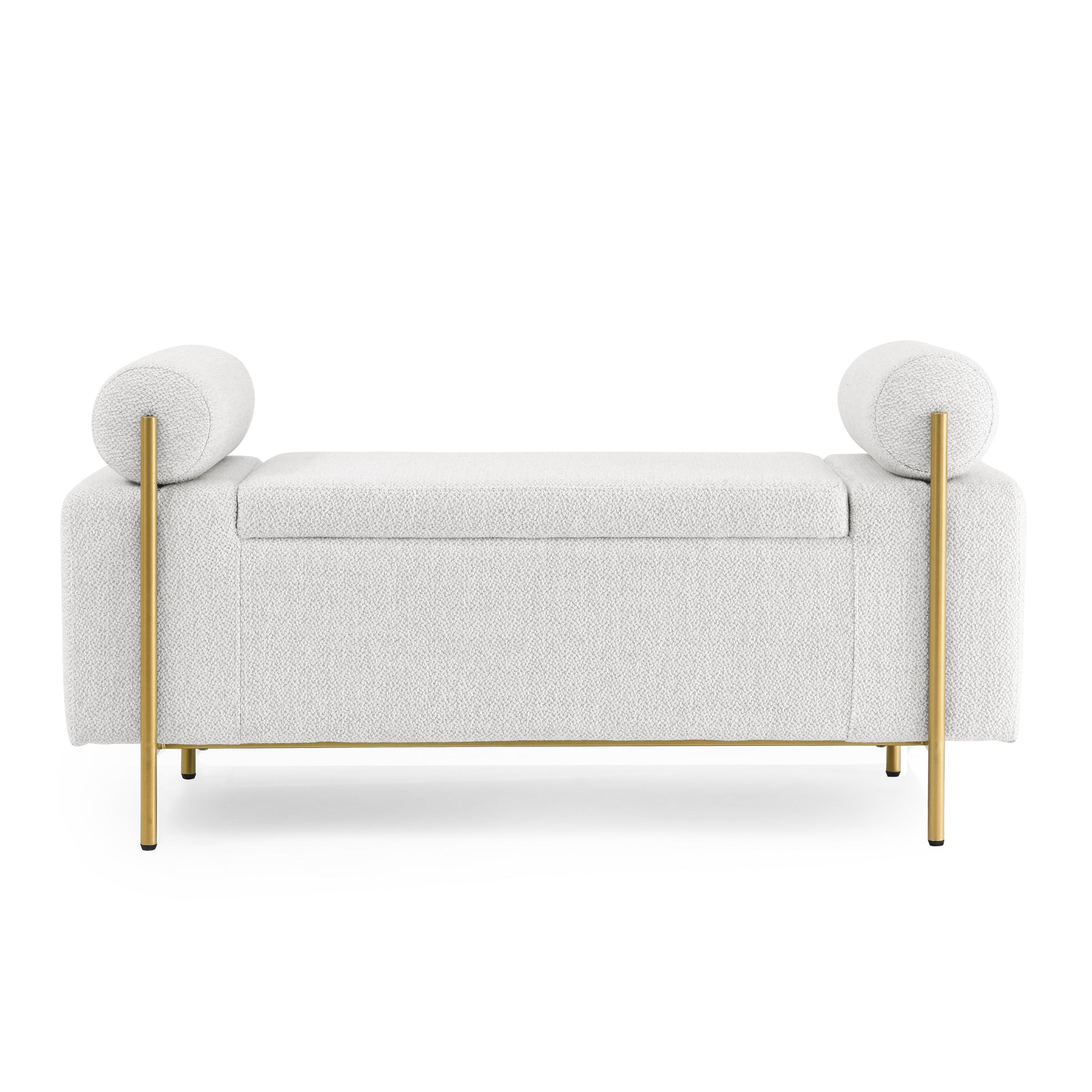 Elegant Upholstered Linen Storage Bench With Cylindrical Arms And Iron Legs For Hallway Living Room Bedroom, White White Linen Or Linen Blend Bedroom White Internal Storage Foam