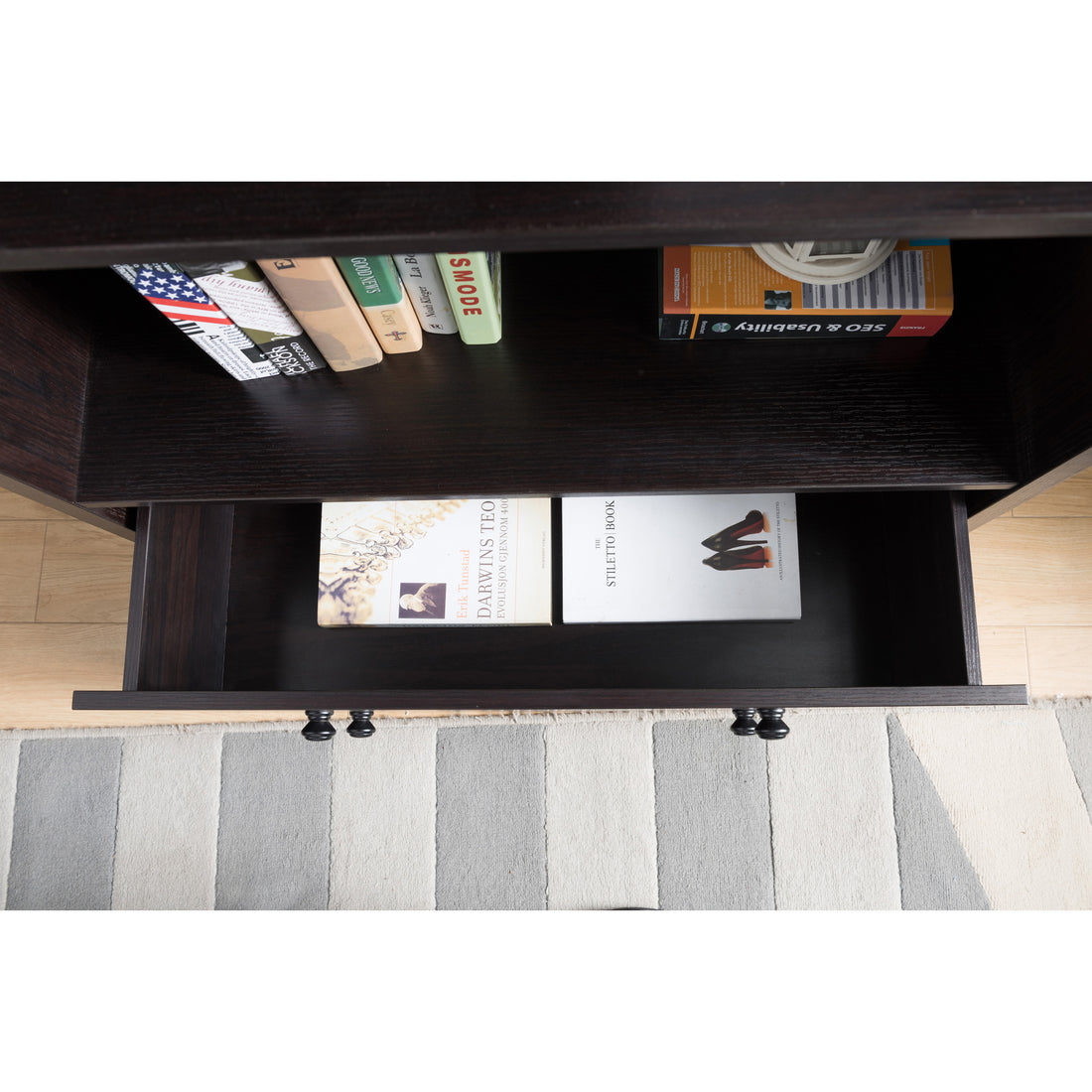 Livingroom Bookcase, Display Organizer With 4 Spacious Shelves And Two Drawers Red Cocoa Espresso Particle Board