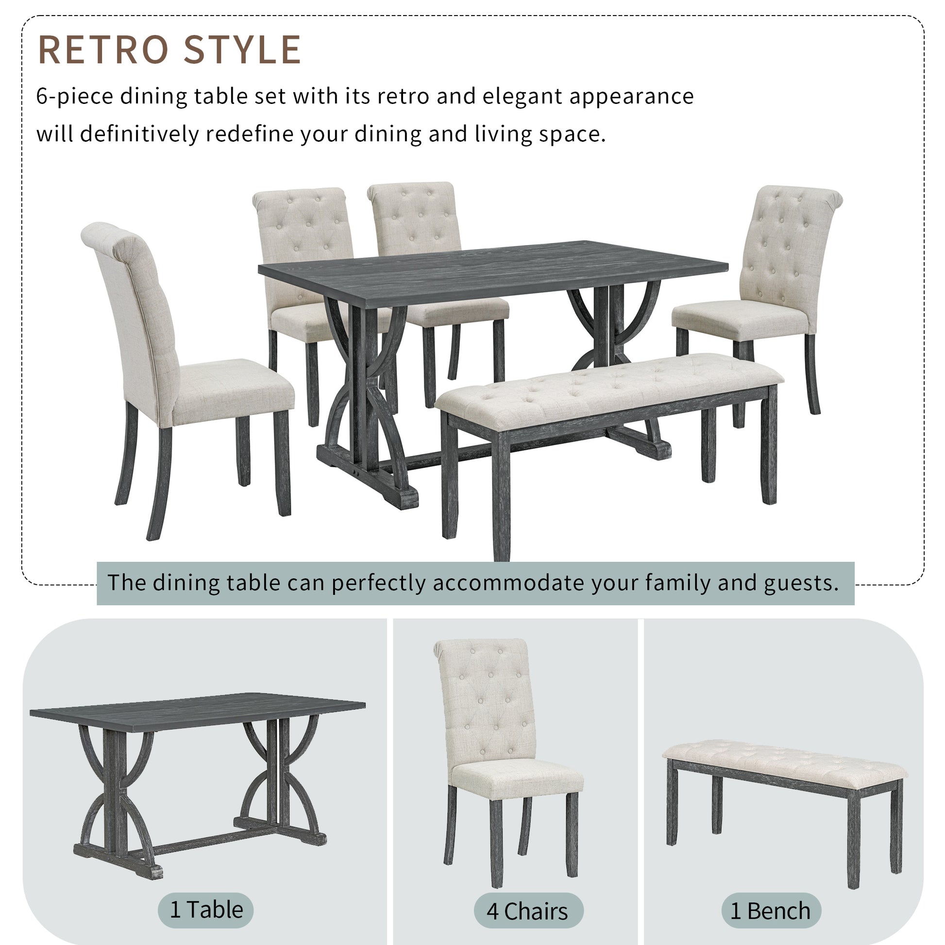 6 Piece Retro Rectangular Dining Table Set, Table With Unique Legs And 4 Upholstered Chairs & 1 Bench For Dining Room And Kitchen Gray Wash Gray Wash Lvl