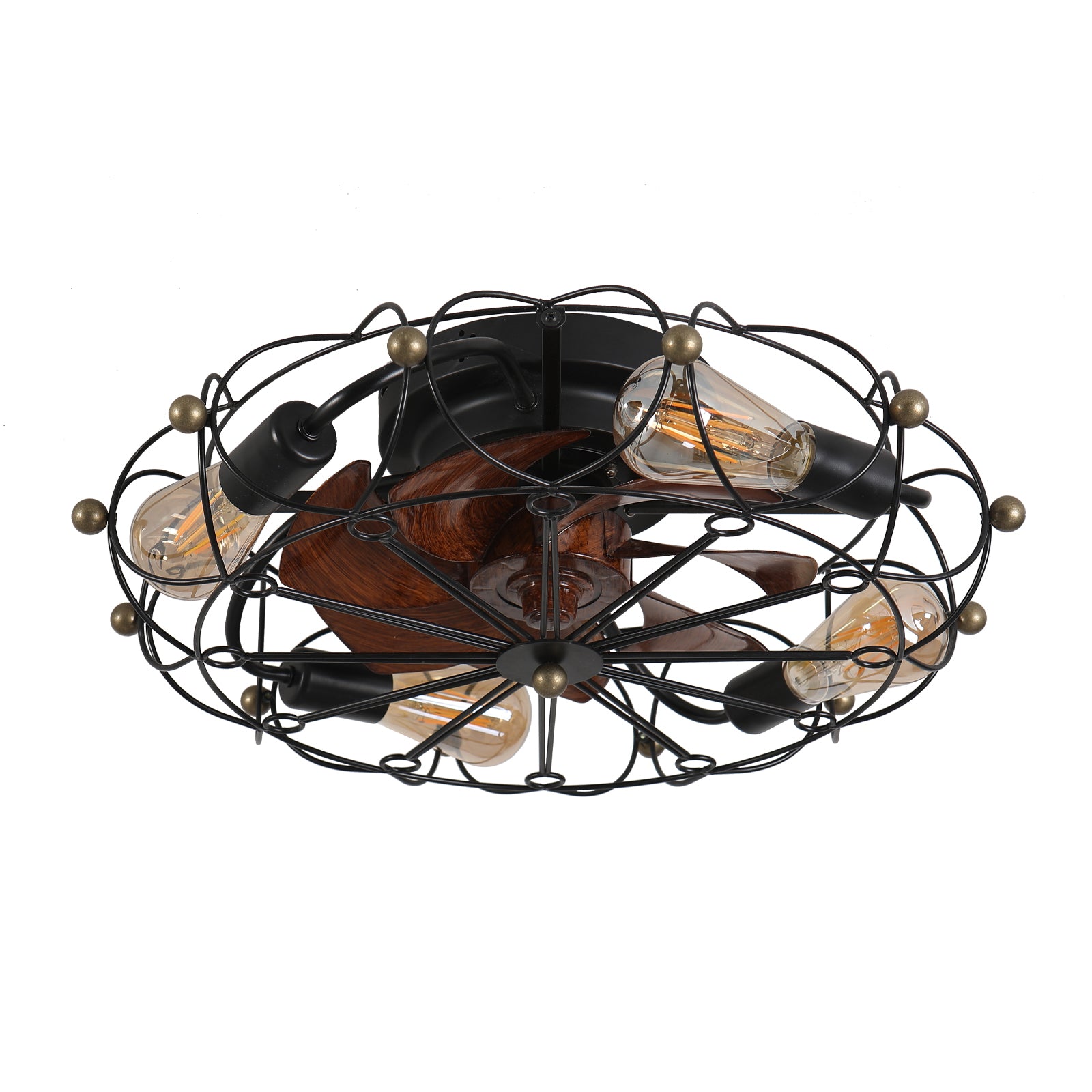Low Profile Caged Ceiling Fan With Lights Remote Control, Embedded Modern Industrial Ceiling Fan Black Modern Abs