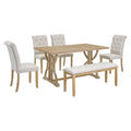 6 Piece Retro Rectangular Dining Table Set, Table With Unique Legs And 4 Upholstered Chairs & 1 Bench For Dining Room And Kitchen Natural Wood Wash Natural Wood Wash Lvl