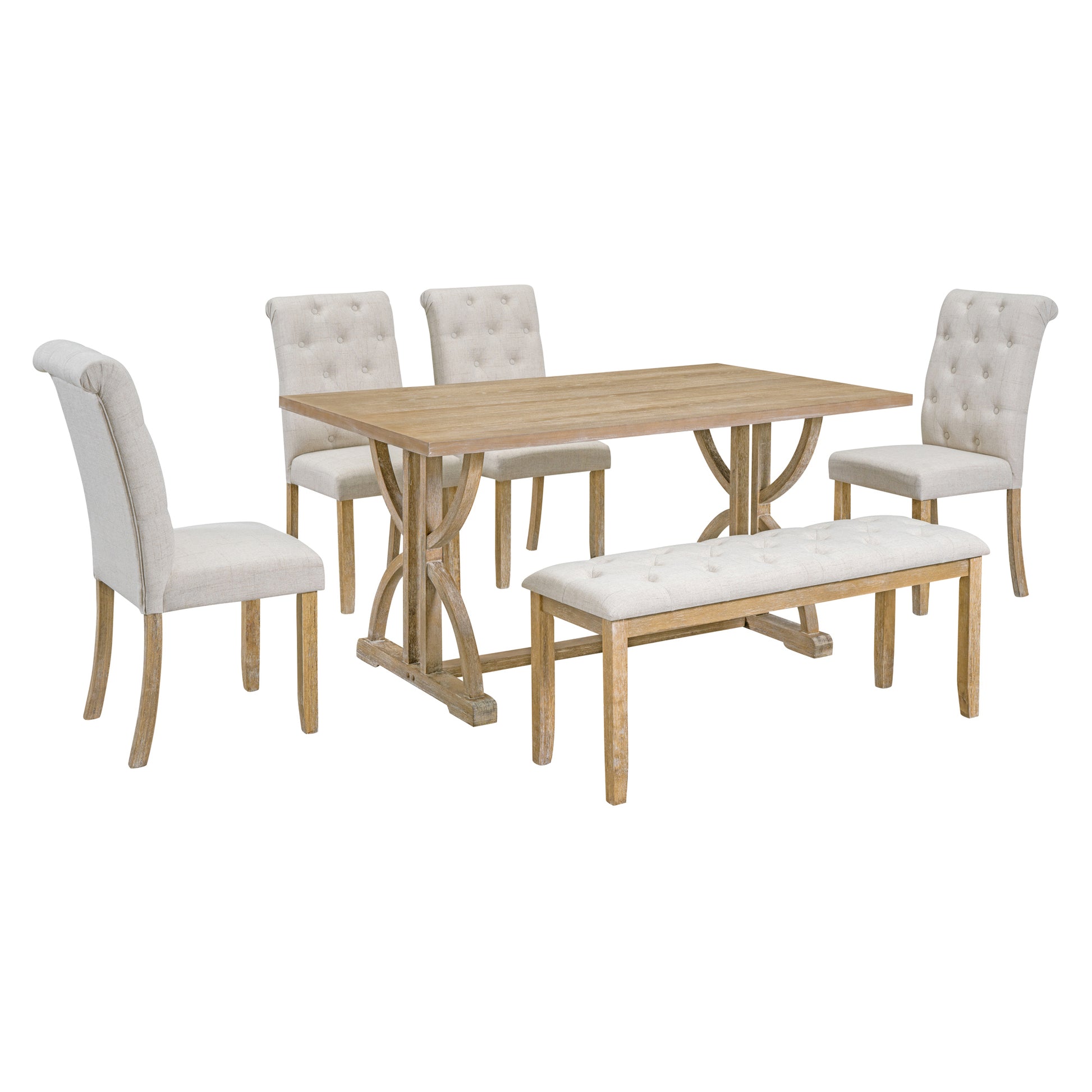 6 Piece Retro Rectangular Dining Table Set, Table With Unique Legs And 4 Upholstered Chairs & 1 Bench For Dining Room And Kitchen Natural Wood Wash Natural Wood Wash Lvl