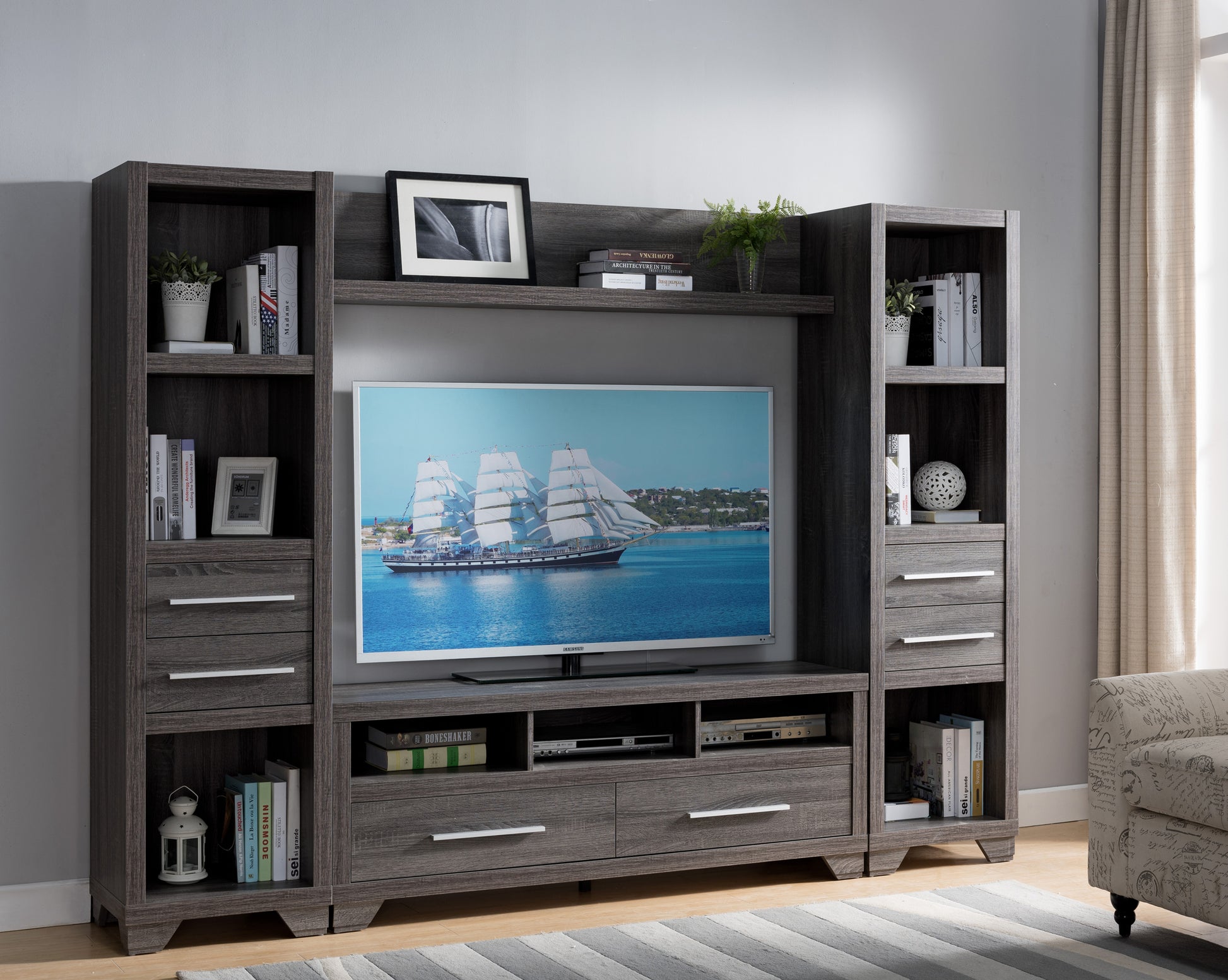 Modern Television Stand, Home, Livingroom 60" Entertainment Console Distressed Grey Grey 60 69 Inches Particle Board