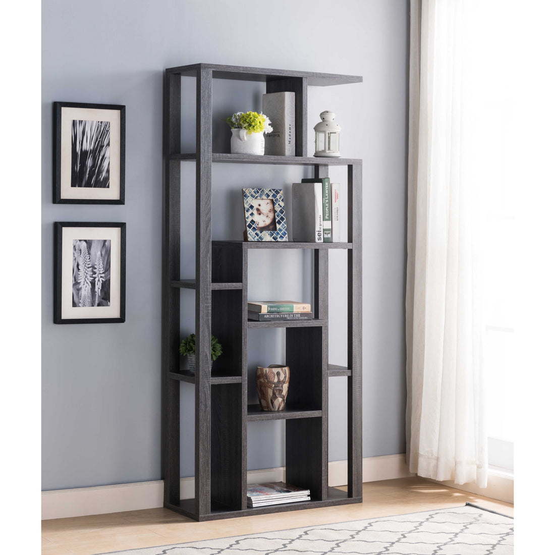 Multi Level Shelve Showcase Cabinet, Home Display Cabinet Distressed Grey Grey Particle Board