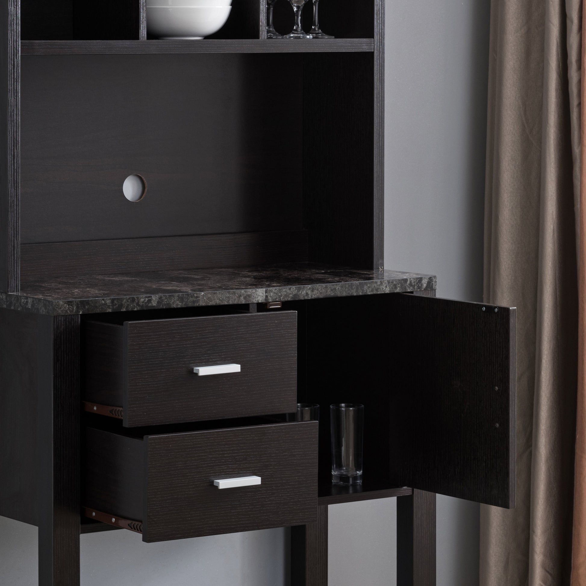 Bakers Rack Cabinet, Kitchen Cabinet With Storage Compartments, Red Cocoa & Faux Marble Black Espresso Particle Board