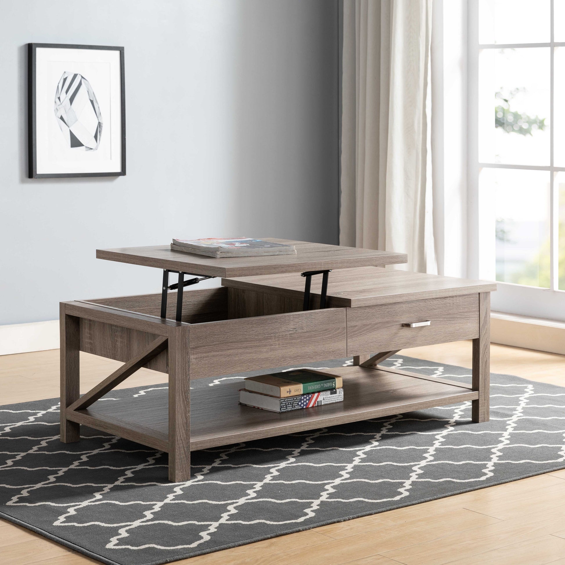 Modern Livingroom Coffee Table With Lift Top With Spacious Bottom Shelf, Dark Taupe Taupe Particle Board
