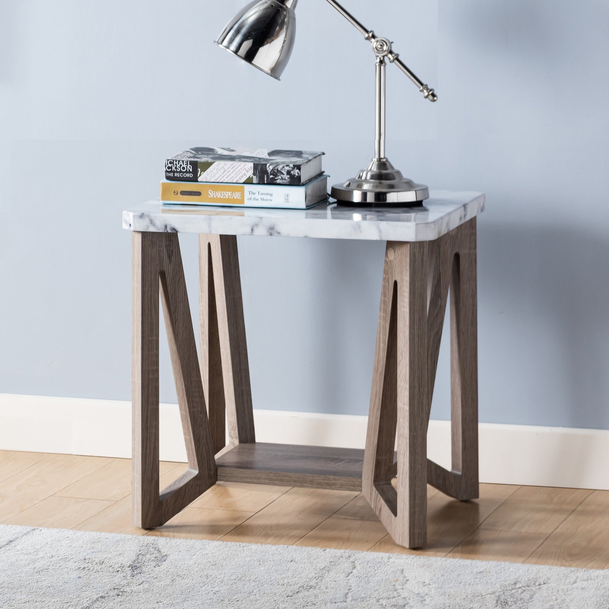 Marble Tabletop Home Accent Table, Modern End Table, Faux Marble White & Dark Taupe Taupe Particle Board