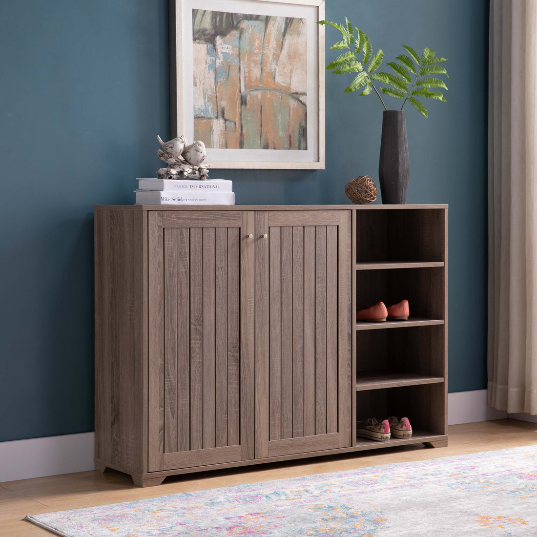 Entryway 4 Tier Organizing Storage Cabinet, Double Door Wooden Shoe Cabinet, Dark Taupe Taupe Particle Board