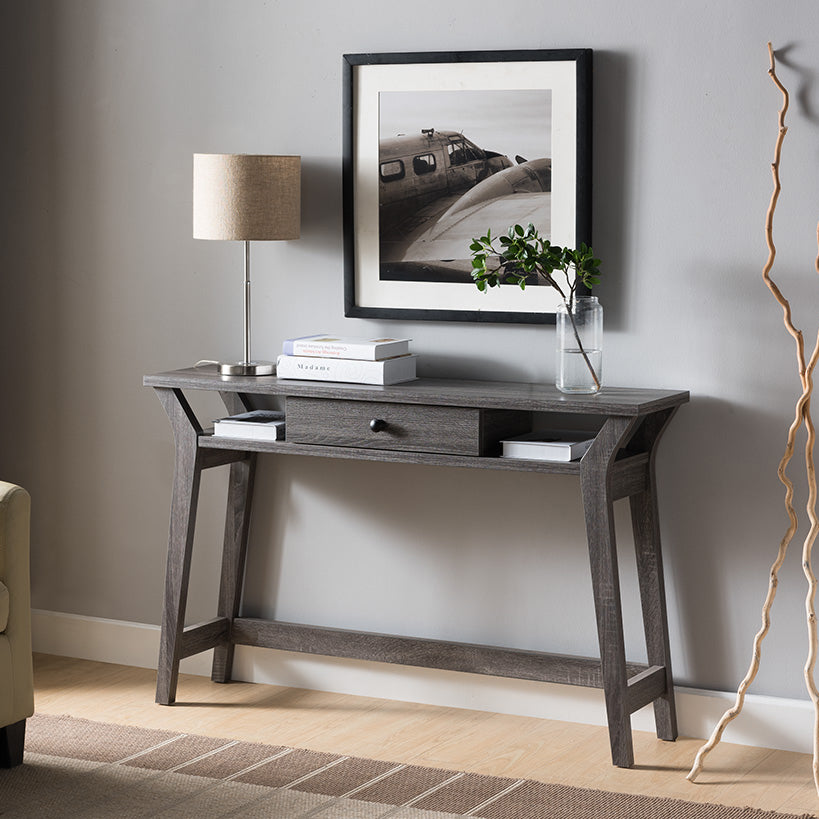 Console Table With One Drawer And Two Open Shelves Grey Gray Particle Board